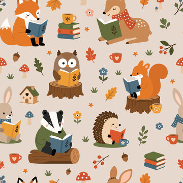 Forest Friends Reading Club Seamless Pattern with Woodland Animals and Books