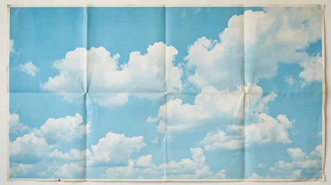 Folded paper poster with blue sky and white clouds print