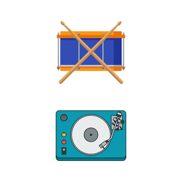 Flat vector illustration of a musical drum with crossed sticks and a vintage vinyl record player turntable icon set