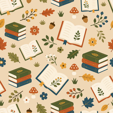 Woodland Books and Autumn Nature Seamless Pattern