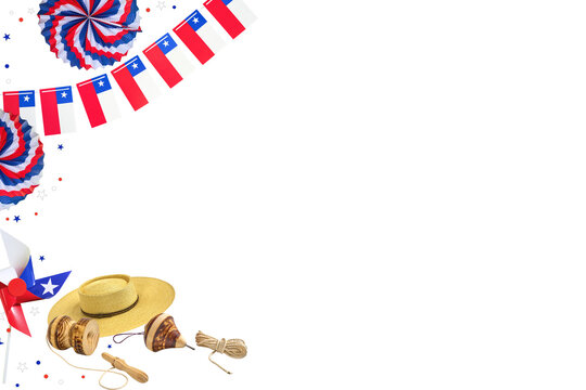 Chilean flags, pinwheel, chupalla, emboque, and trompo creating a patriotic border on transparent background