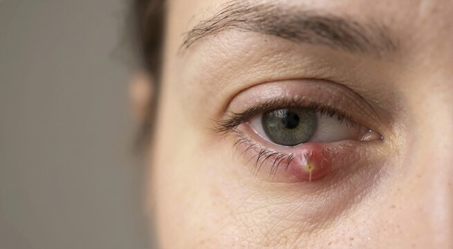 Extreme close up of a stye on a human lower eyelid. Inflamed red hordeolum with pus on infected eyelash follicle. Ophthalmology and eye infection medical concept