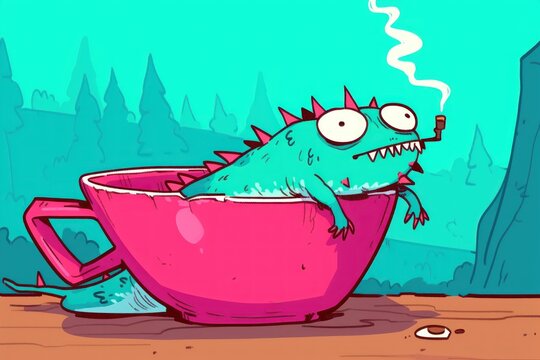 Cartoon monster relaxing in teacup, outdoors, forest background, whimsical illustration