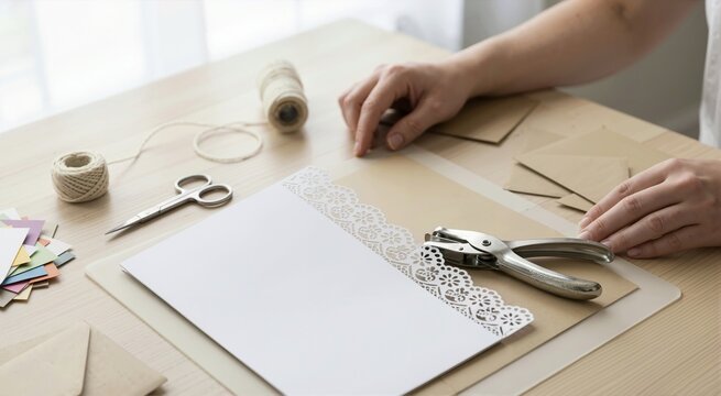 Hands using a border punch tool to create a lace pattern on white paper. Scrapbooking and crafting workspace on a wooden table with scissors and twine