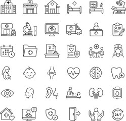 Fototapeta premium Premium Healthcare & Hospital Services Outline Icons Set – Medical Clinic, Emergency Care, Telemedicine, Patient Care and Healthcare Line Vector Collection