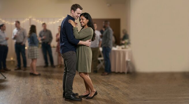 Smiling couple slow dancing together on a wooden floor. Romantic man and woman embracing at a party reception with guests in the background. Copy space for text