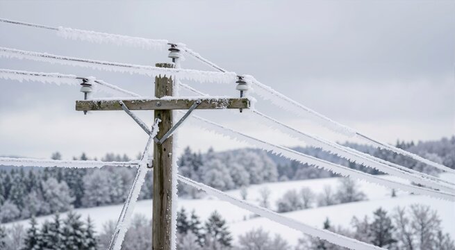 Rime ice coating on power lines during winter. Frozen electrical infrastructure in a snowy landscape