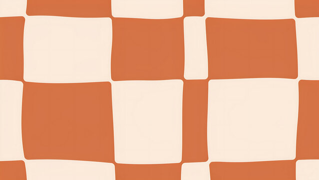 Retro checkered pattern in terracotta and cream, hand-drawn wavy checkerboard background, vintage aesthetic geometric tile texture for textile design