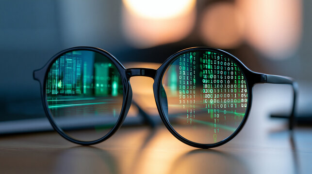 Close-up of round glasses reflecting green digital code with futuristic screen in golden light, technology concept, defocused background, with copy space