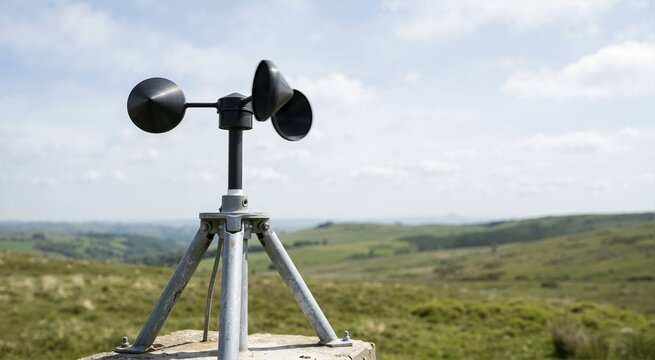 Cup anemometer measuring wind speed on a metal tripod stand. Meteorological instrument rotating in a green hilly landscape. Weather monitoring equipment