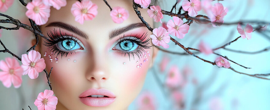 Woman with wide-open disproportionately large eyes against a background of pink blooming flowers. Unearthly beauty, fashion and uncanny valley concept. Digital illustration for banner with copy space