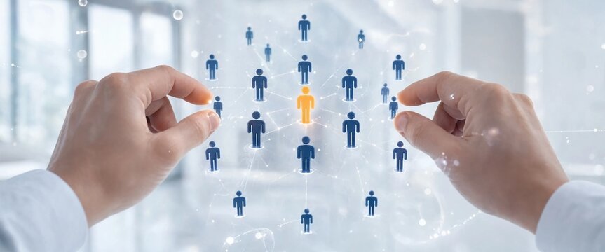 Hands choosing a highlighted person from a connected digital network in a modern office, representing recruitment, talent selection, leadership, human resources and workforce management