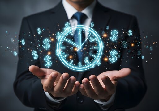 Businessman holding glowing clock icon with dollar symbols representing time is money concept