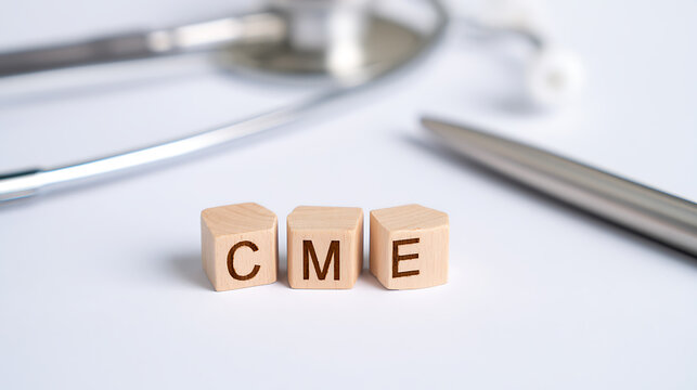 Three wooden blocks spell 'CME' with blurred medical tools, symbolizing continuous professional development and health education concepts
