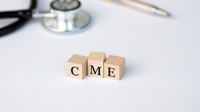 Wooden cubes spell out "CME" on a clean white surface with medical equipment in the background, symbolizing ongoing healthcare education