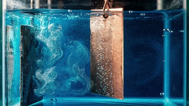 Copper electroplating in blue sulfate bath with rising gas bubbles