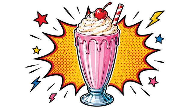 Strawberry milkshake in glass cartoon vector illustration isolated on white background for dessert menus, cafes, diners and beverage branding