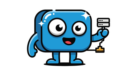 Fototapeta premium Cute network server mascot cartoon vector illustration isolated on white background for internet, cloud computing and technology