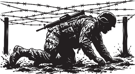 Obraz premium Armed soldier crawling under barbed wire obstacle in mud vector illustration for tactical infantry training.