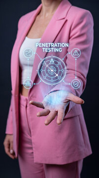 Businesswoman in Pink Suit with Penetration Testing Hologram