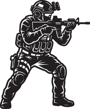 Tactical military commando soldier in action aiming rifle vector illustration on transparent background.
