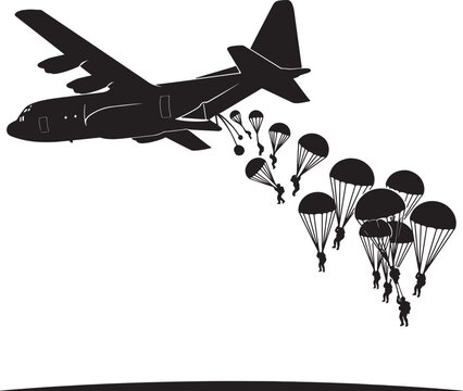 Military transport aircraft c-130 dropping paratroopers with open parachutes vector illustration isolated.