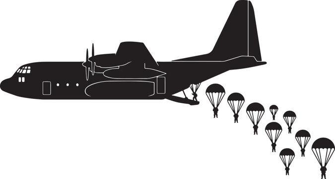 Military transport aircraft c-130 dropping parachuters paratroopers vector illustration isolated.