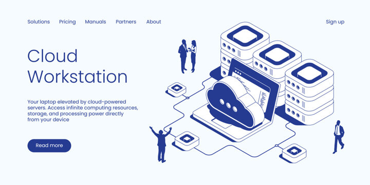 Isometric cloud workstation vector illustration. Online computing and data storage concept with a laptop, cloud, servers, and people. Clean IT technology landing page layout