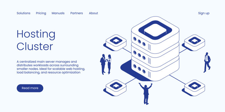 Isometric hosting cluster vector illustration. Server load balancing and data storage concept with connected nodes and people. Clean IT technology landing page layout