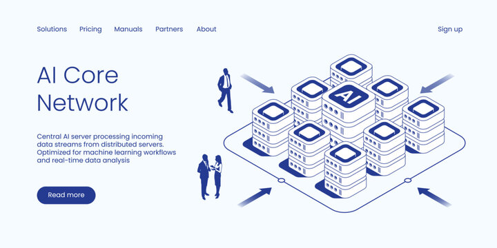 Isometric AI core network vector illustration. Artificial intelligence server cluster and data processing concept with people. Clean IT technology landing page layout