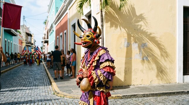 Masked vejigante pauses before joining a Puerto Rican parade
