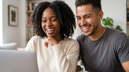 Obraz premium Happy young multiethnic couple using laptop for online mortgage application at home. Smiling curly hair black woman and Hispanic man calculating home loan rates, house hunting on website.