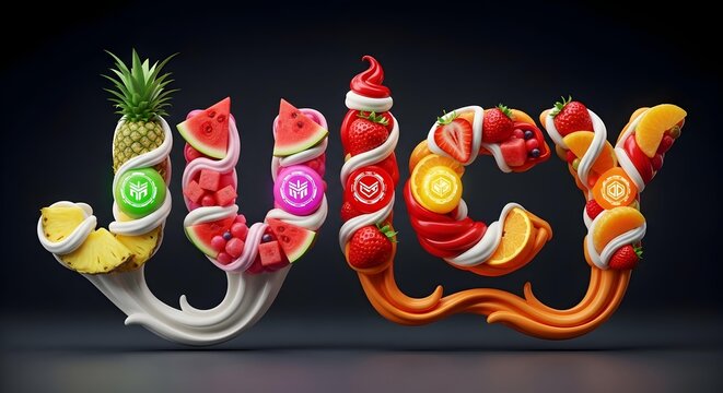 Colorful "JUICY" Text Crafted from Fresh Tropical Fruits and Berries on a White Base, Healthy Eating Concept