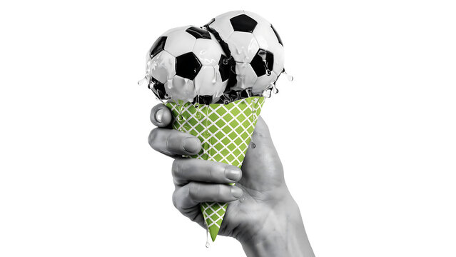 Surreal soccer ball ice cream cone held by hand with creative conceptual activity vacation refreshing whimsical training exercise