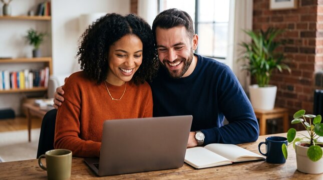 Happy young diverse couple looking at laptop screen researching mortgage rates online home loan approval real estate property purchase financial budget planning decision modern living space.