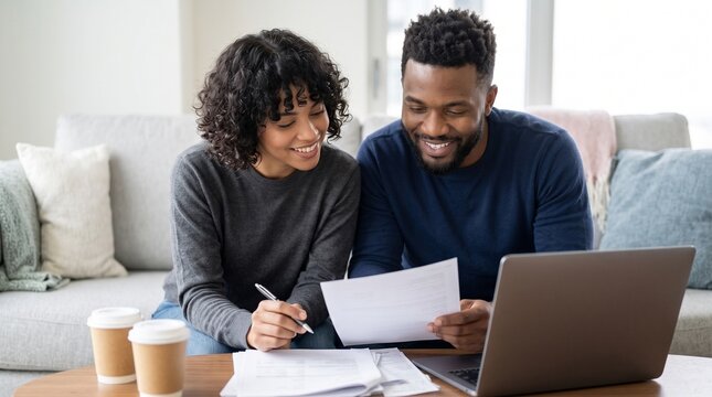 Happy Black couple analyzing mortgage loan application documents with laptop on coffee table. Smiling African American family filling financial forms, banking paperwork and housing credit.