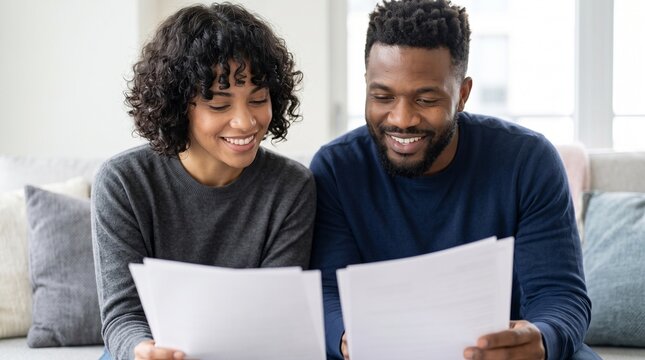 Cheerful African American couple comparing mortgage rates documents while sitting on sofa. Happy black husband and wife reviewing home loan application, financial paperwork and budget.