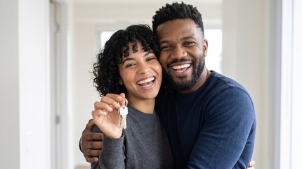 Fototapeta premium Joyful African American couple holding keys to their new home, celebrating mortgage loan approval. Happy black family moving into apartment, real estate property investment and ownership.