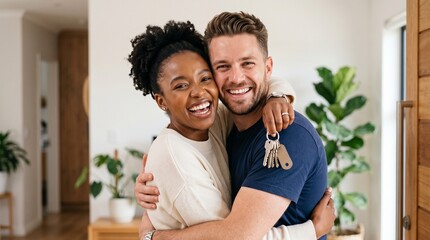 Fototapeta premium Happy diverse interracial couple holding keys to their new house, celebrating mortgage loan approval at open door. Cheerful young black woman and caucasian man buying first property together.