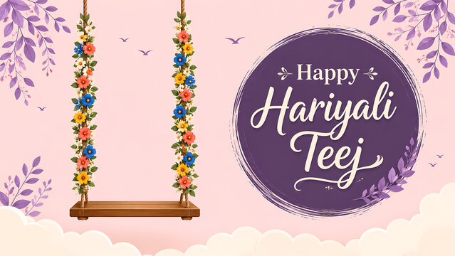 Festive happy hariyali teej greeting with floral wooden swing purple botanical frame soft clouds and elegant kajari teej celebration background design illustration