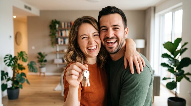 Joyful Caucasian couple holding keys to new house after mortgage approval. Happy young husband and wife celebrating real estate investment, buying first home and relocation in apartment.