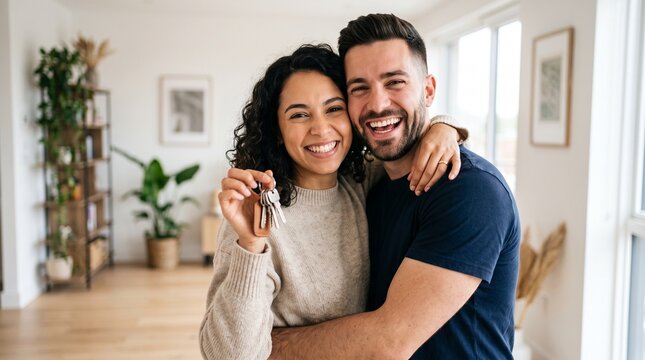 Happy young couple holding keys to their new home, celebrating mortgage loan approval and real estate property investment. Smiling first time home buyers moving in modern bright apartment.