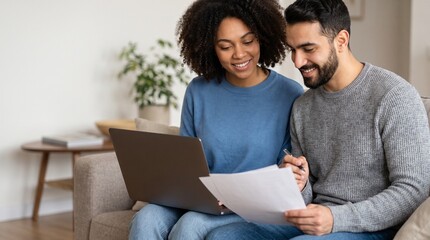 Fototapeta premium Smiling diverse couple analyzing mortgage loan agreement paper documents using laptop computer at home, planning family budget banking interest rates real estate property house buying.