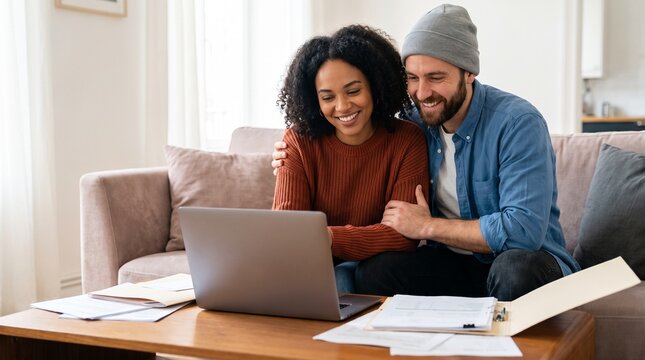 Happy diverse couple calculation mortgage online loan approval using laptop computer at home, reviewing financial real estate property documents for buying new house apartment investment.