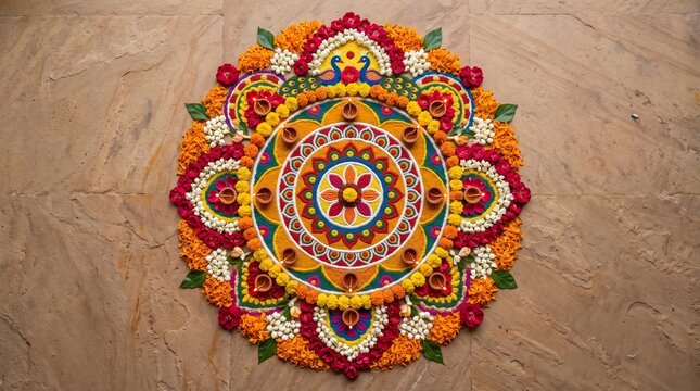 Colorful rangoli design with diyas and marigold flowers on marble floor