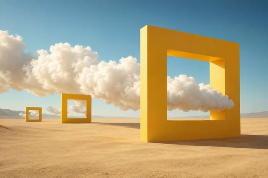 Surreal minimalist 3D render featuring a vast desert landscape with oversized yellow geometric square portals framing soft floating clouds beneath a clear blue sky. Modern abstract composition with cl