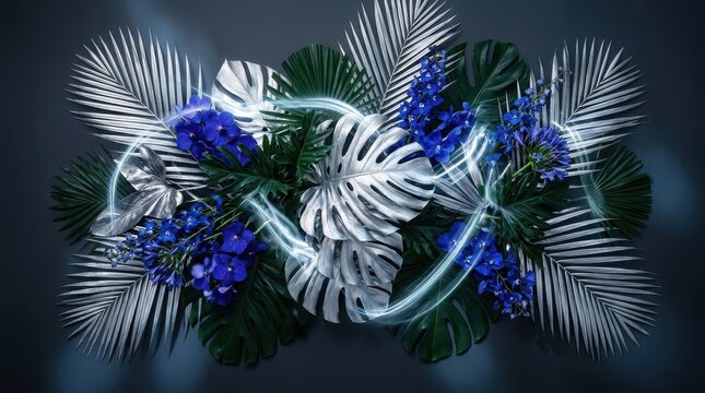 Neon Floral Fantasy. Exotic blue vanda orchids and silver tropical leaves, futuristic botanical arrangement, luxury event background and digital wallpaper.