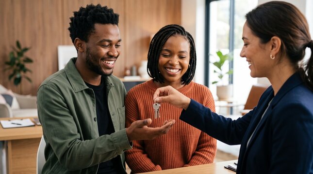 Excited black couple receiving keys to new house from professional female real estate agent successful mortgage loan deal property investment homeowner key handover desk modern agency office.