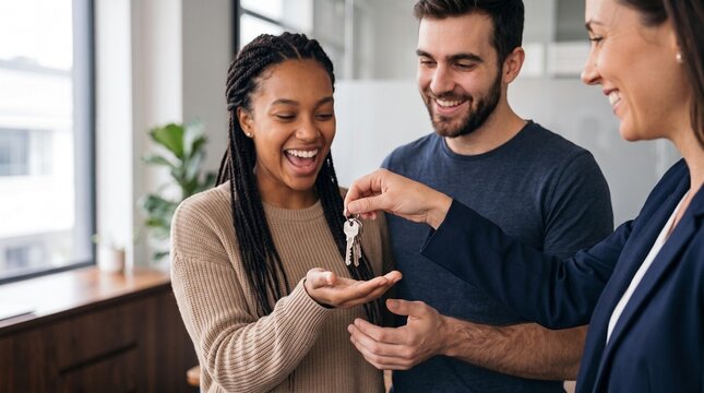 Smiling female real estate broker giving home key to happy overjoyed diverse young couple after successful mortgage loan application approval and property purchase deal in bright house.