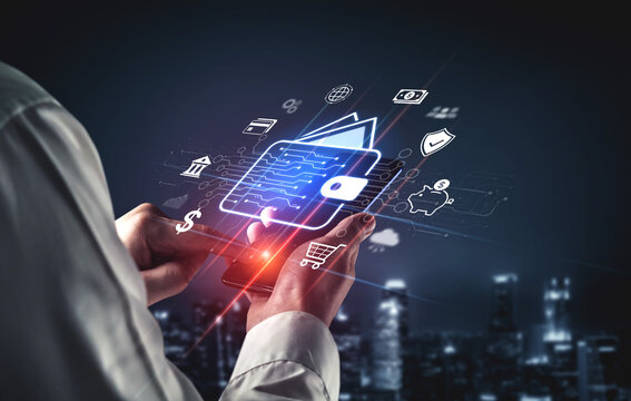 Modern mobile banking concept featuring secure digital wallet interface, contactless NFC payment, and money transfer. Represents safe user financial buy transactions in a cashless society. Corpus